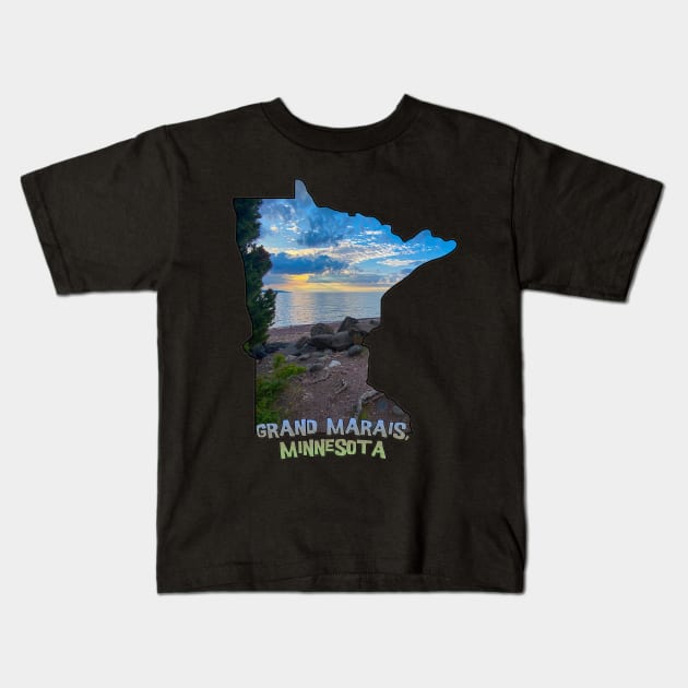 Minnesota State Outline - Grand Marais Kids T-Shirt by gorff